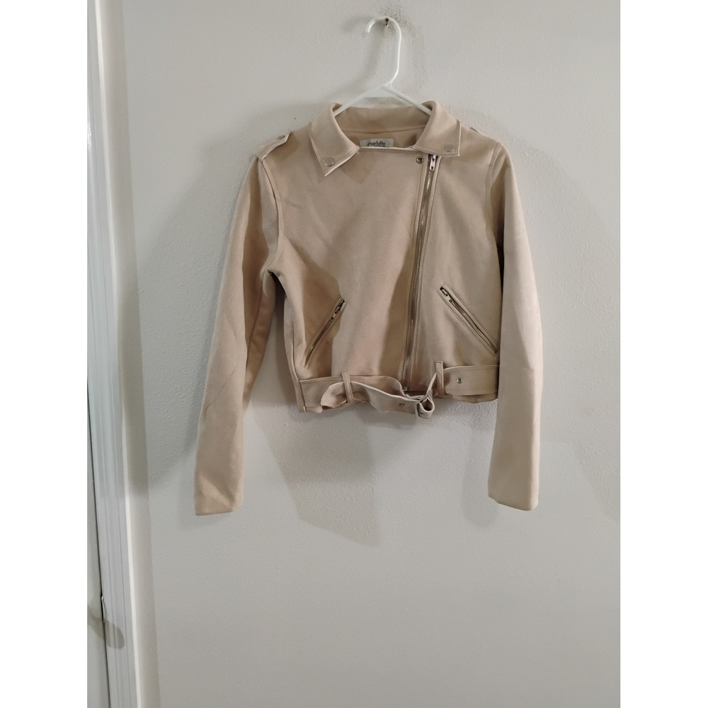 Charlotte Russe Tan Faux Suede Moto Jacket Cropped Belted Beige Small 46245